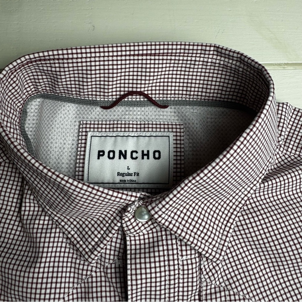 PONCHO Mens Maroon Micro-Check Pearl Snap Short Sleeve Shirt Maroon Microcheck - Picture 3 of 11
